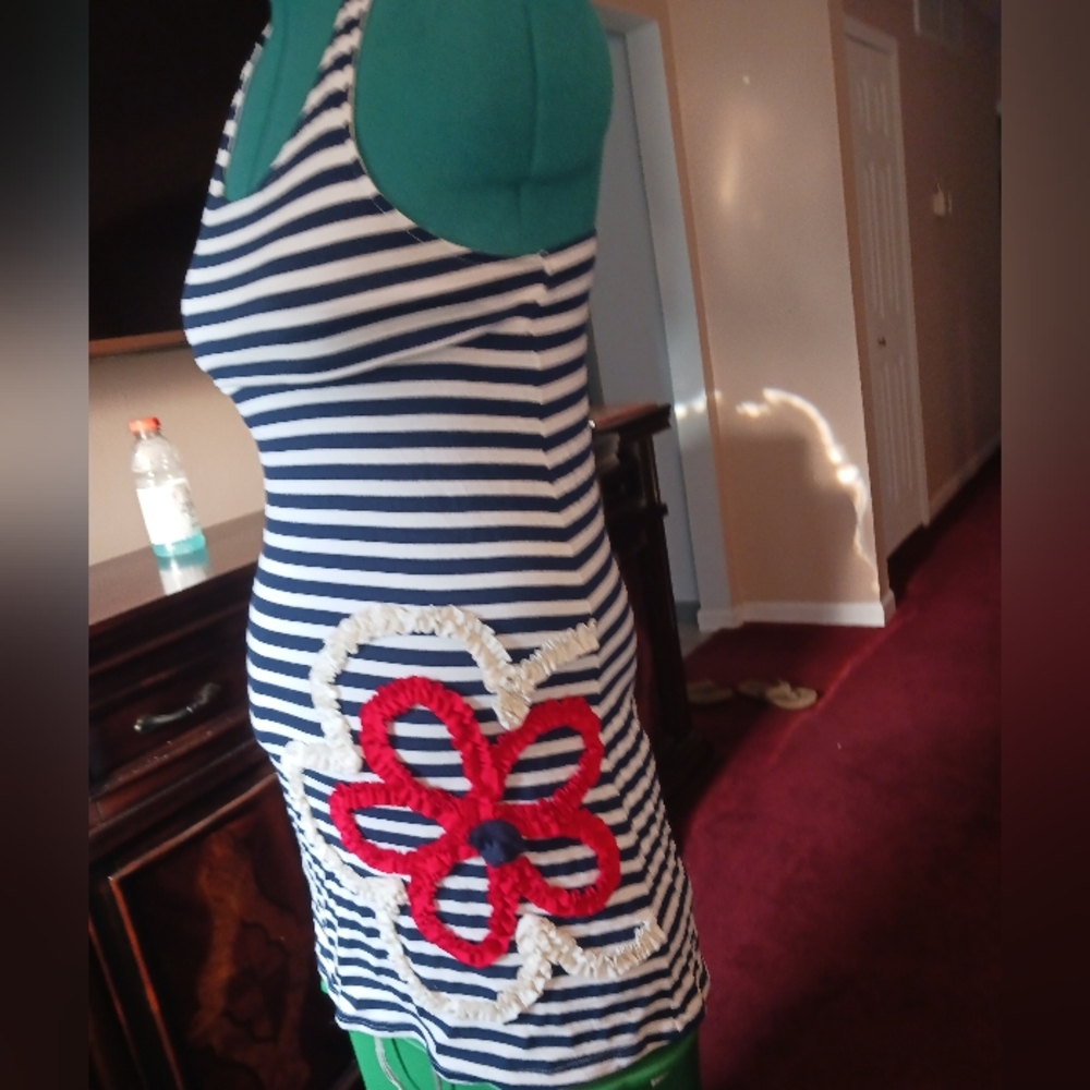 Girls size 16 Fun Summer dress. Blue and white stripes with sewin flower decal